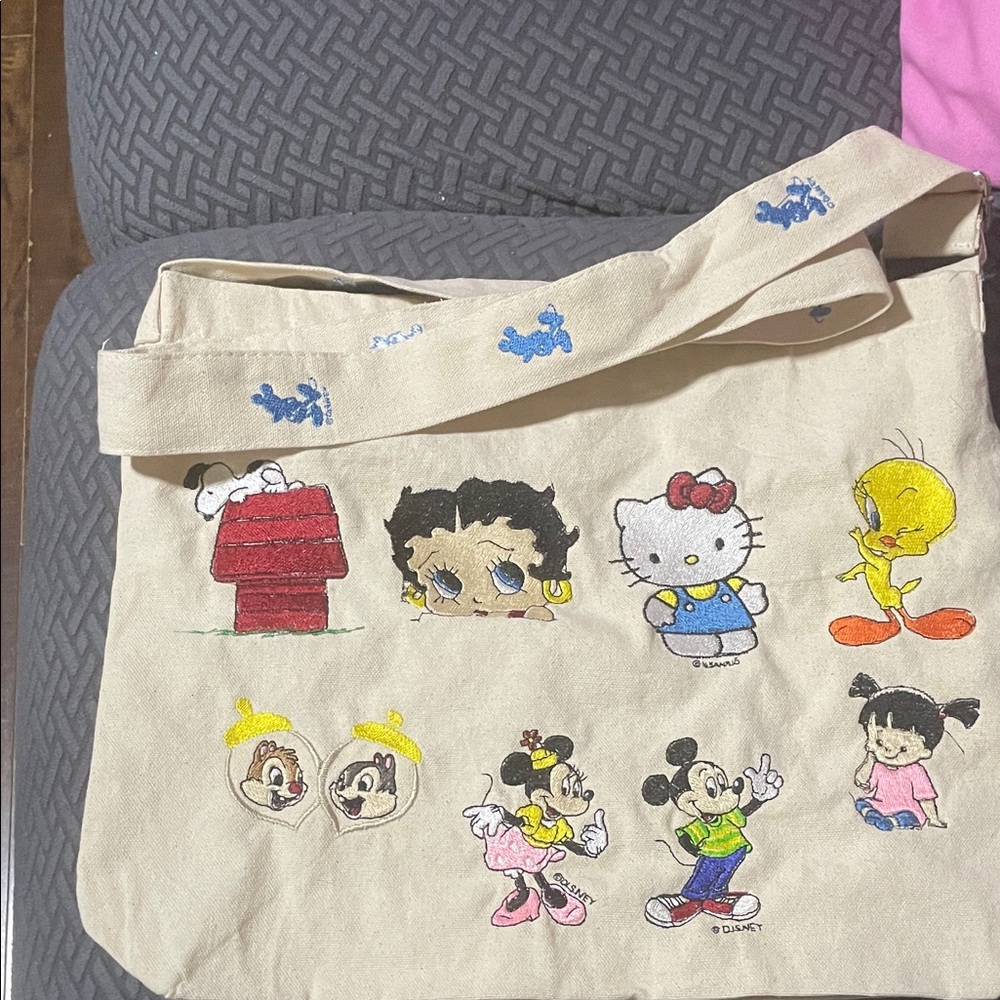 Cream Canvas Shoulder Bag with Colorful Cartoon Character Prints